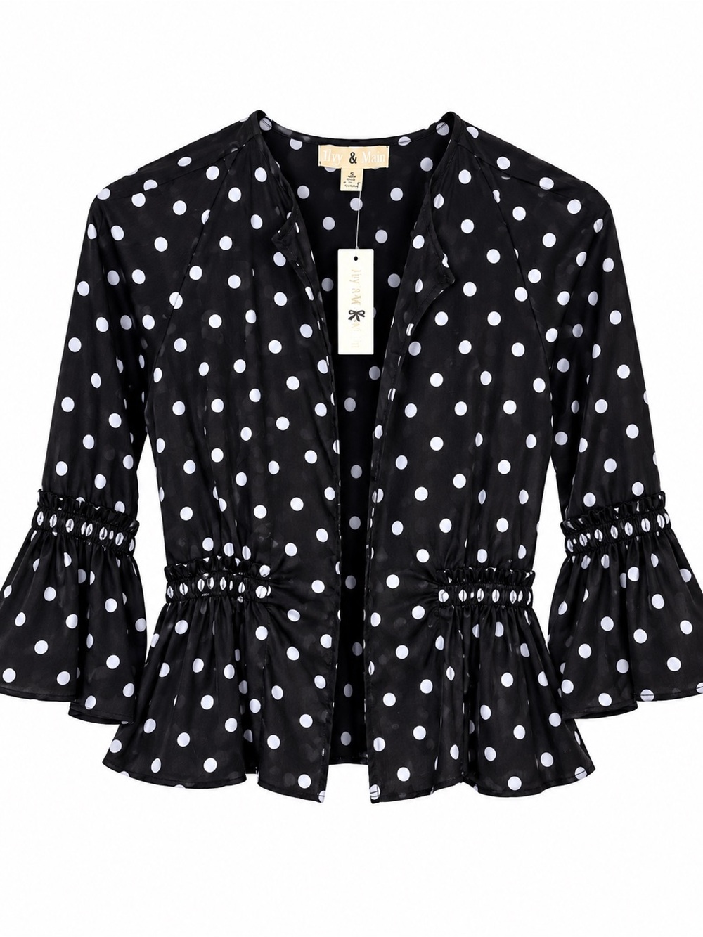 NWT Iky & Me Women’s Small Black White Polka Dot Peplum Bell Sleeve Open Front